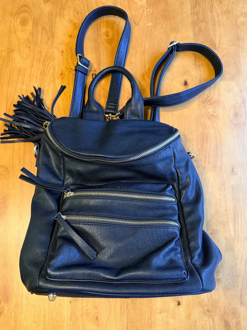 MMS Design Studio Black Vegan Leather Convertible Backpack Handbag Tassel